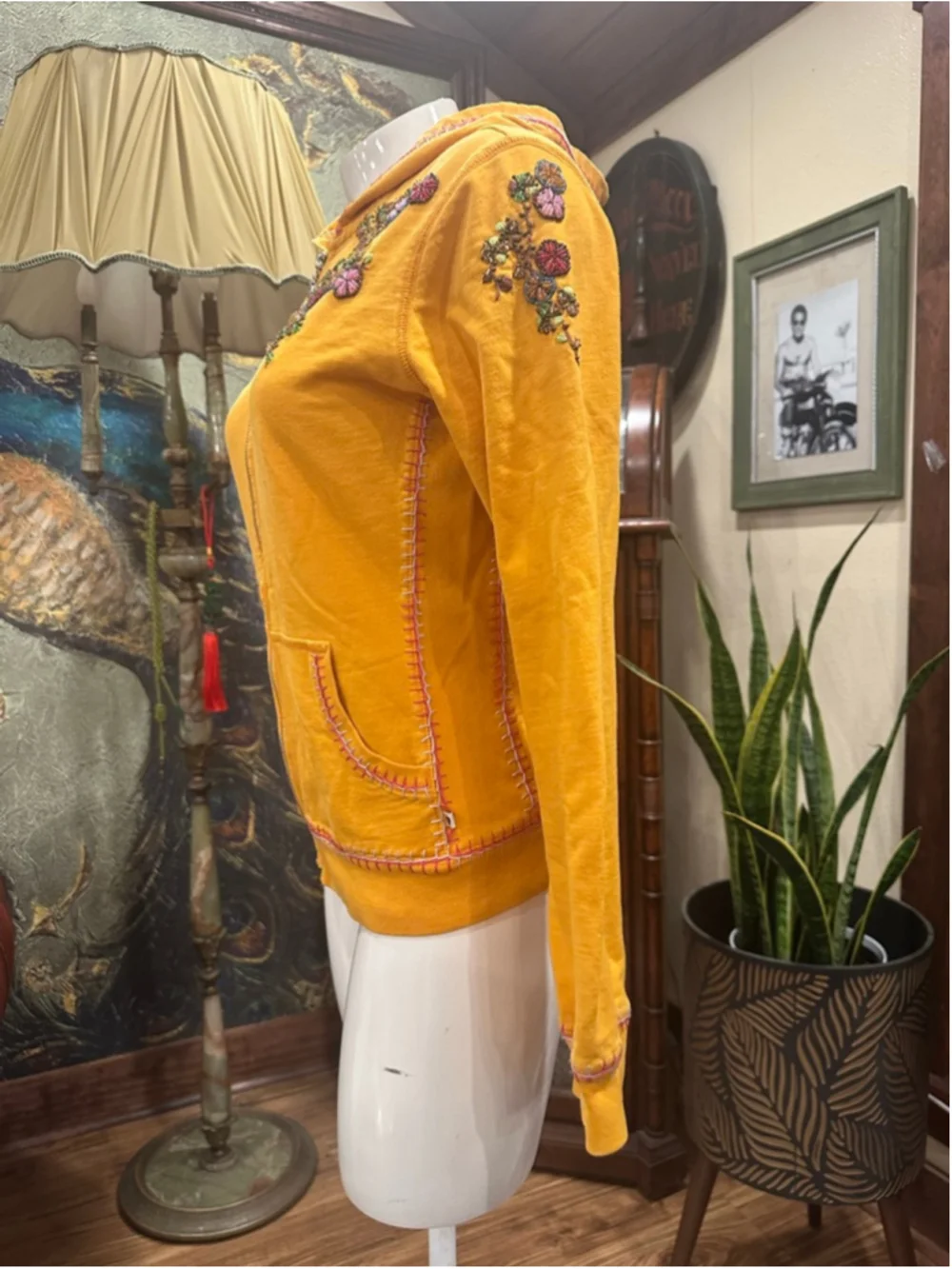 Twisted Heart America Yellow Beaded Embroidered Hoodie Boho Stitch Y2K - Picture 6 of 11